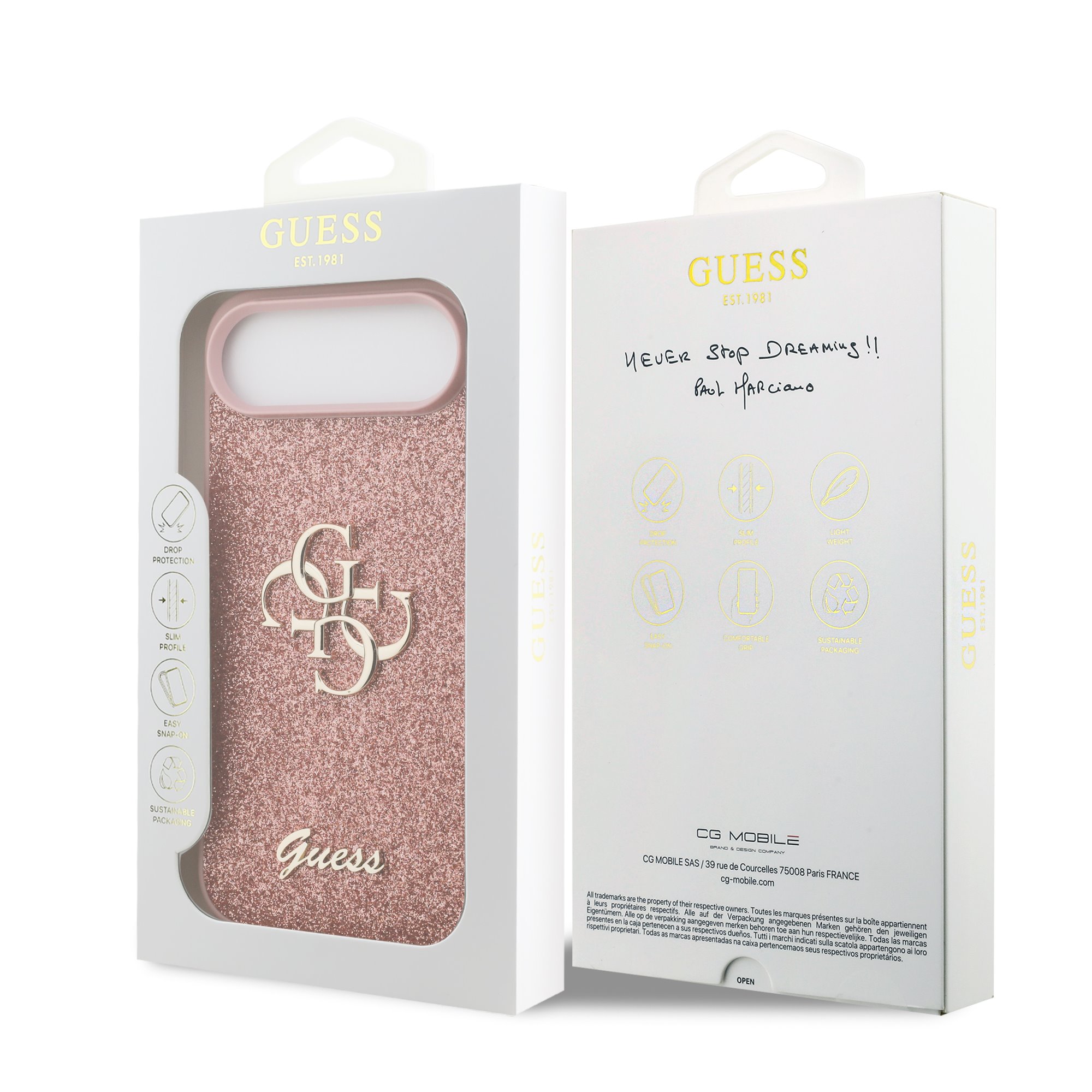 GUESS Калъф за iPhone 17 Air, PU Fixed Glitter 4G Metal Logo, розов – GUHCP17MHG4SGP