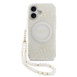 GUESS Калъф за iPhone 17, IML Flowers Allover MagSafe + Wrist Strap, бял – GUHMP17SHCPOFPH
