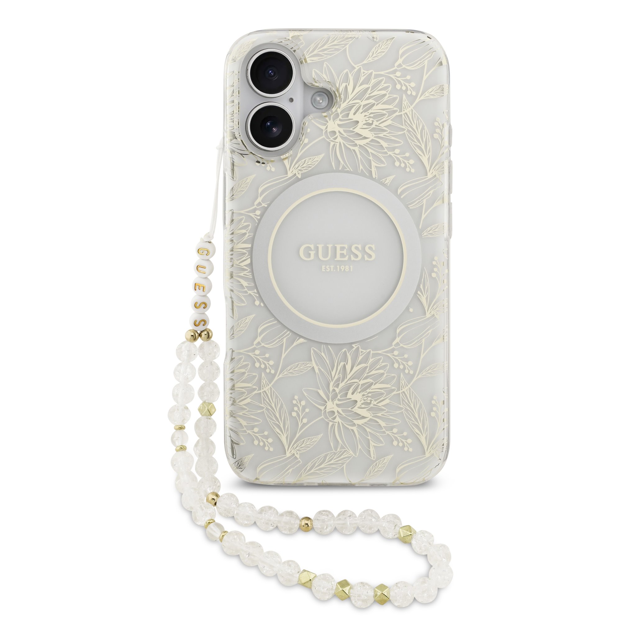 GUESS Калъф за iPhone 17, IML Flowers Allover MagSafe + Wrist Strap, бял – GUHMP17SHCPOFPH