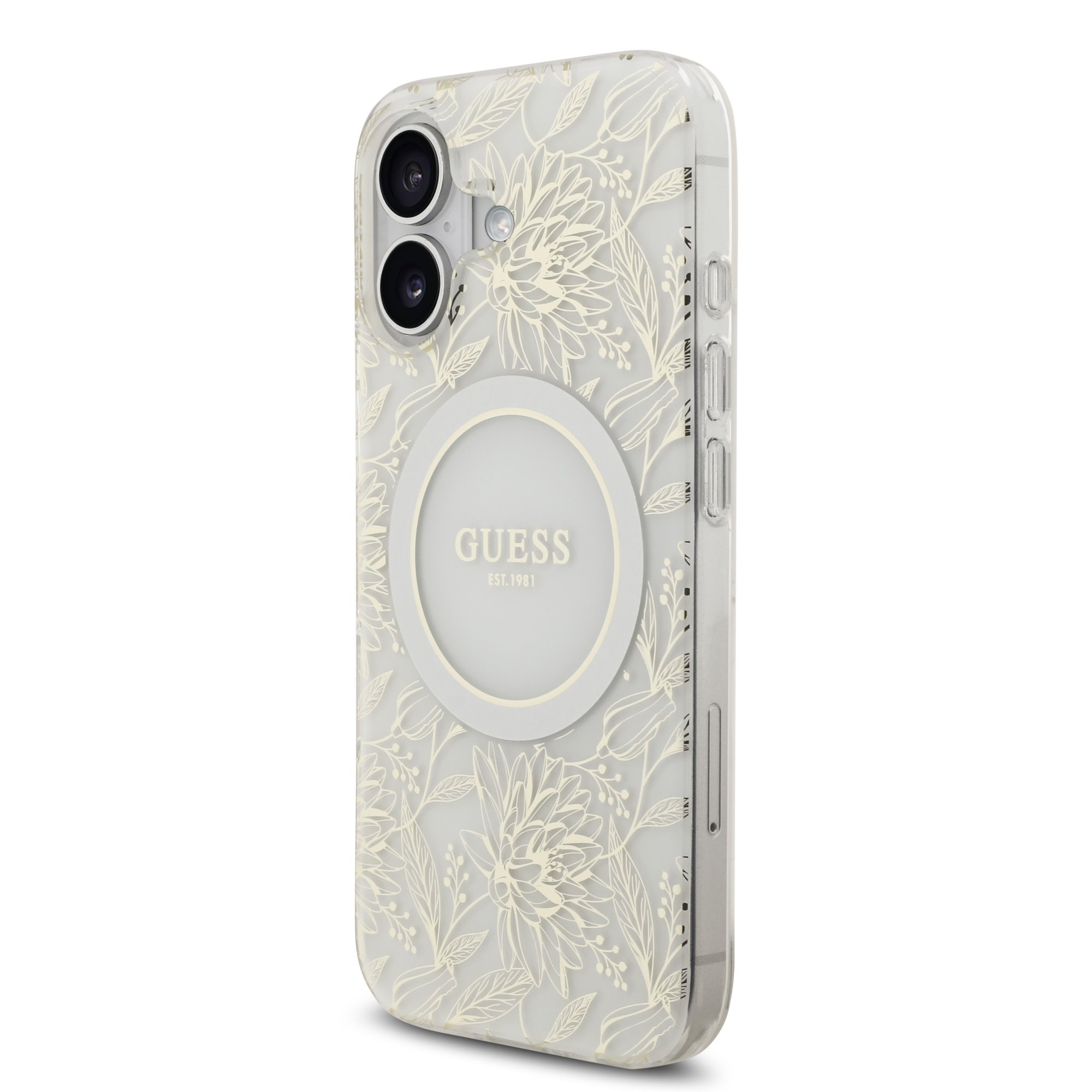 GUESS Калъф за iPhone 17, IML Flowers Allover MagSafe + Wrist Strap, бял – GUHMP17SHCPOFPH