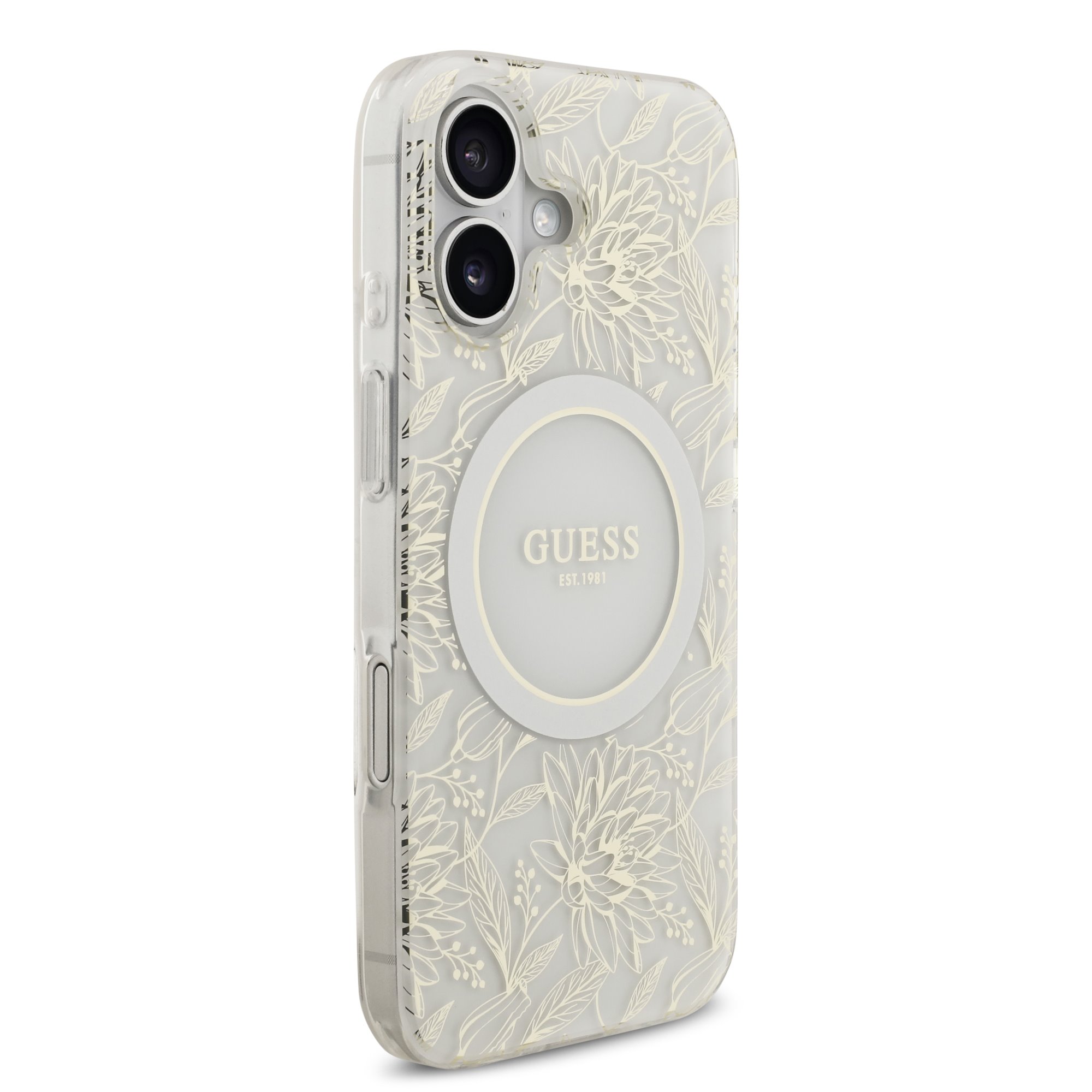 GUESS Калъф за iPhone 17, IML Flowers Allover MagSafe + Wrist Strap, бял – GUHMP17SHCPOFPH
