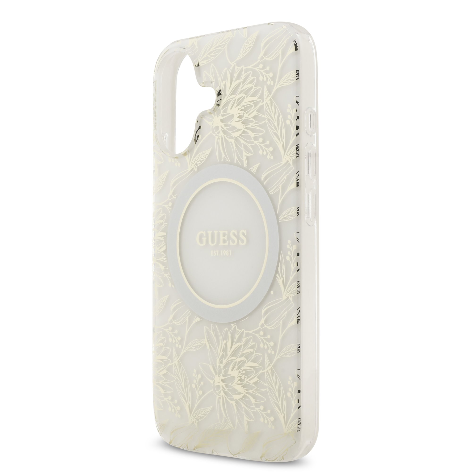 GUESS Калъф за iPhone 17, IML Flowers Allover MagSafe + Wrist Strap, бял – GUHMP17SHCPOFPH