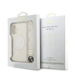 GUESS Калъф за iPhone 17, IML Flowers Allover MagSafe + Wrist Strap, бял – GUHMP17SHCPOFPH
