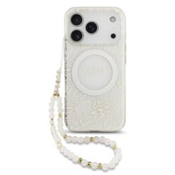 GUESS Калъф за iPhone 17 Pro, IML Flowers Allover MagSafe + Wrist Strap, бял – GUHMP17LHCPOFPH