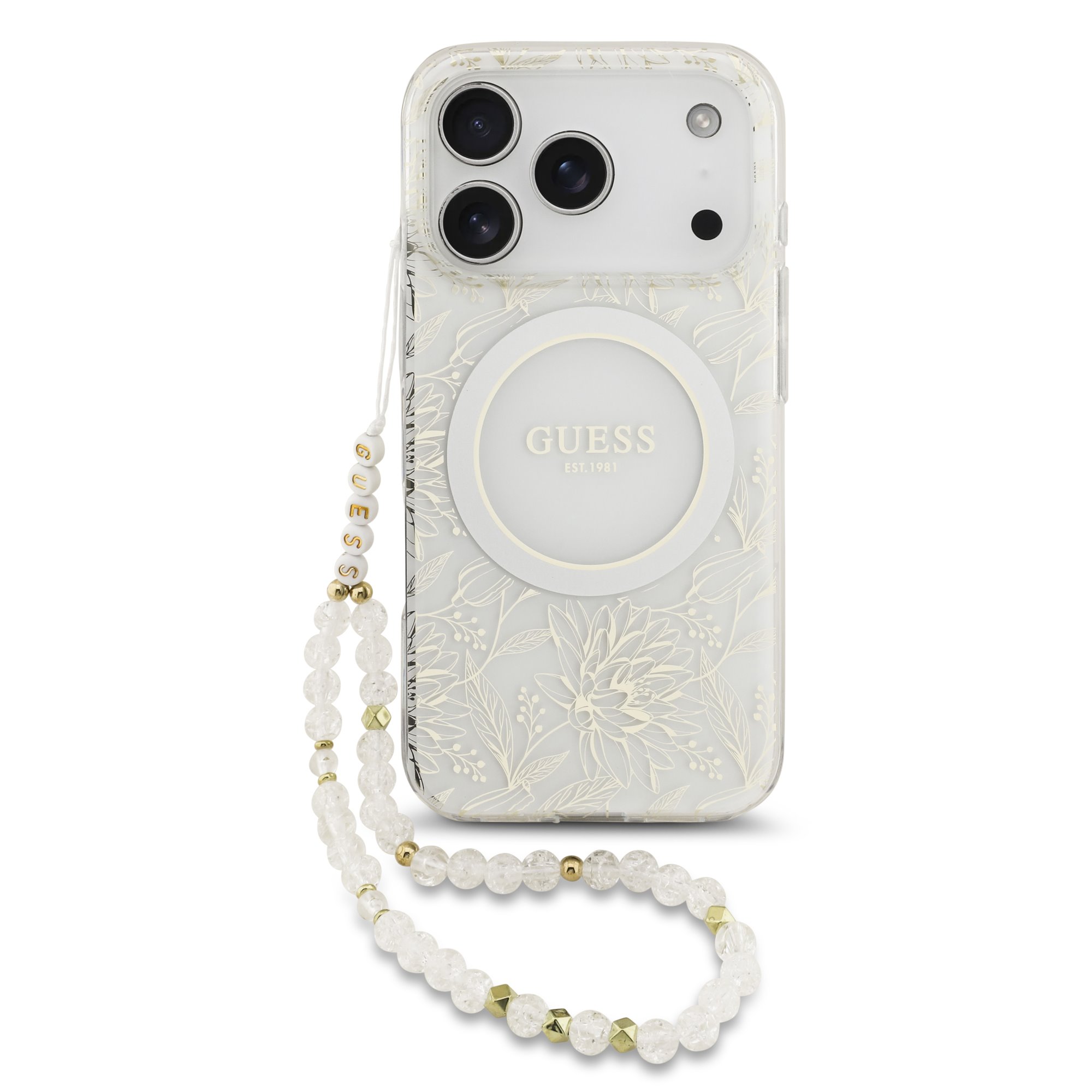 GUESS Калъф за iPhone 17 Pro, IML Flowers Allover MagSafe + Wrist Strap, бял – GUHMP17LHCPOFPH