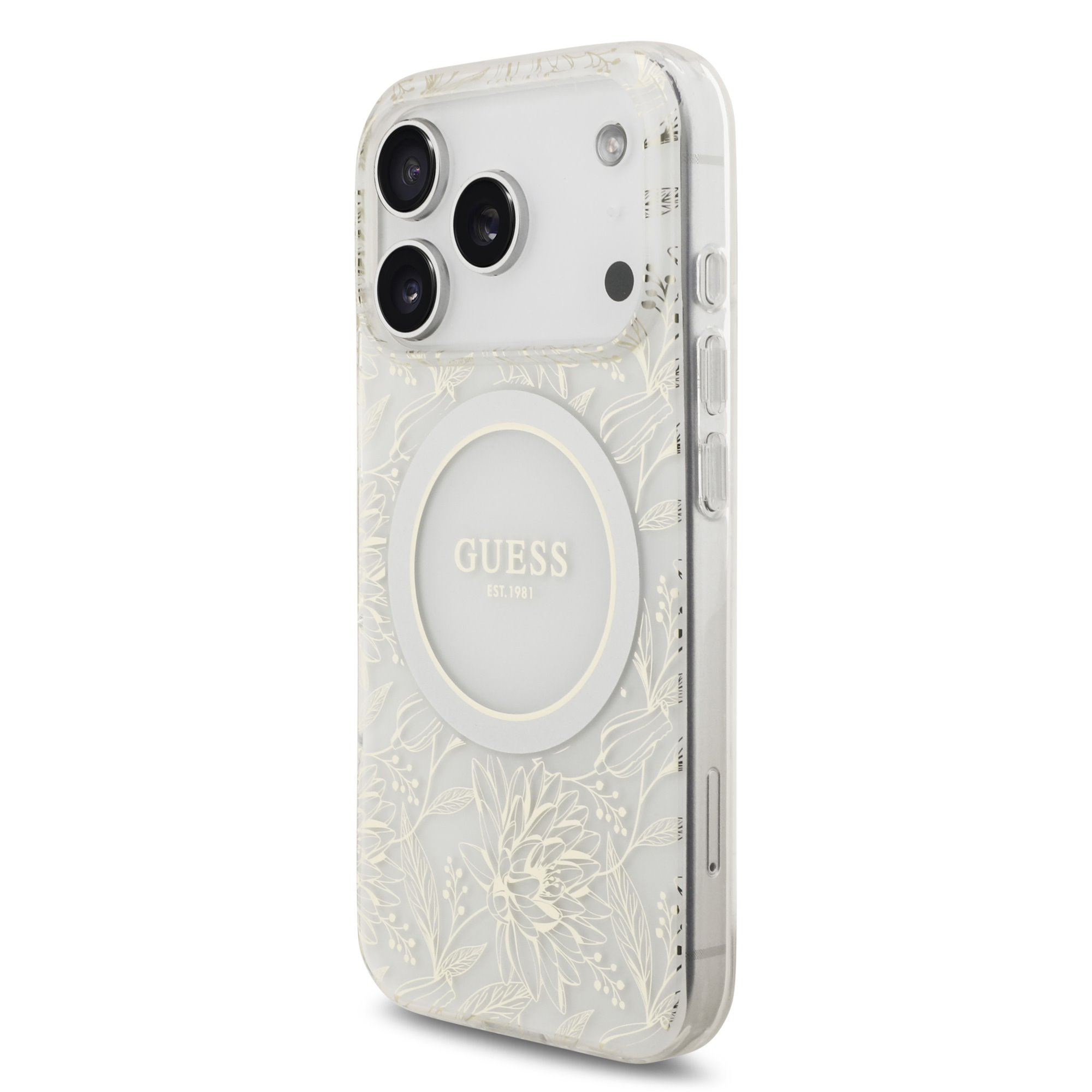 GUESS Калъф за iPhone 17 Pro, IML Flowers Allover MagSafe + Wrist Strap, бял – GUHMP17LHCPOFPH