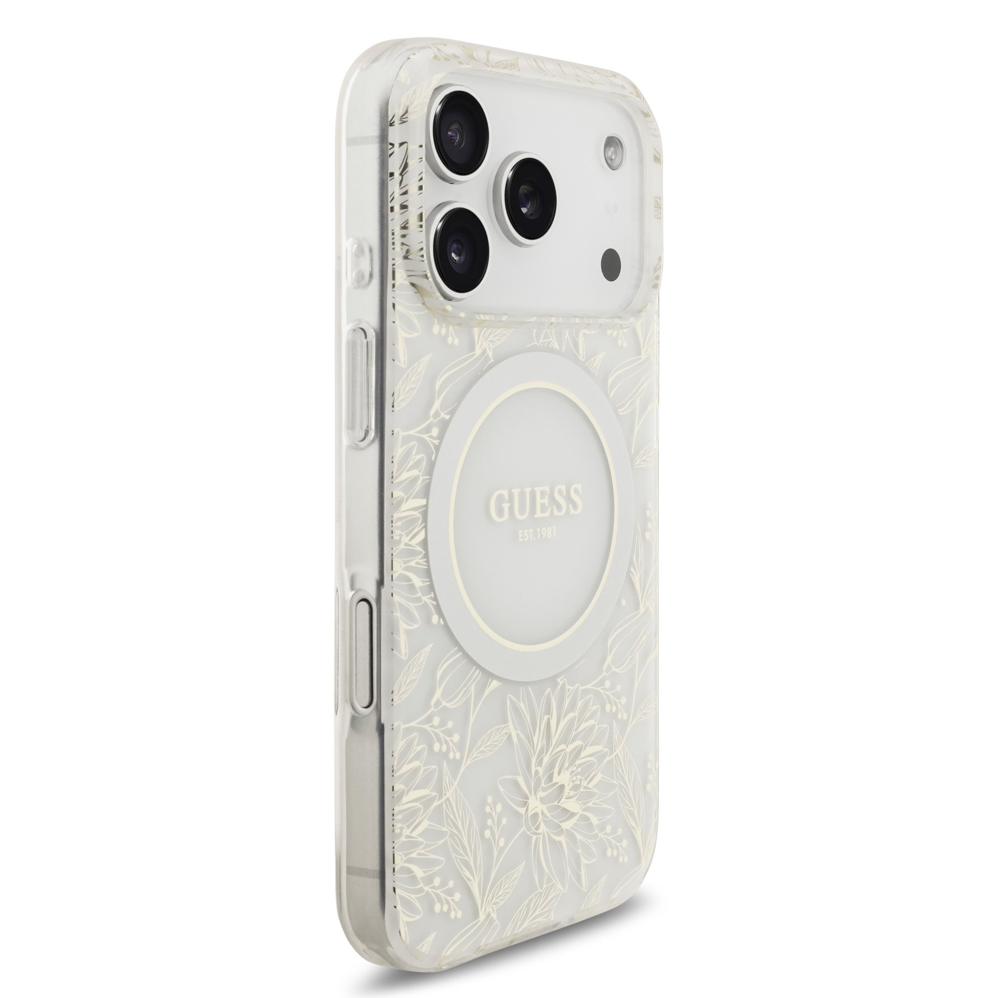 GUESS Калъф за iPhone 17 Pro, IML Flowers Allover MagSafe + Wrist Strap, бял – GUHMP17LHCPOFPH