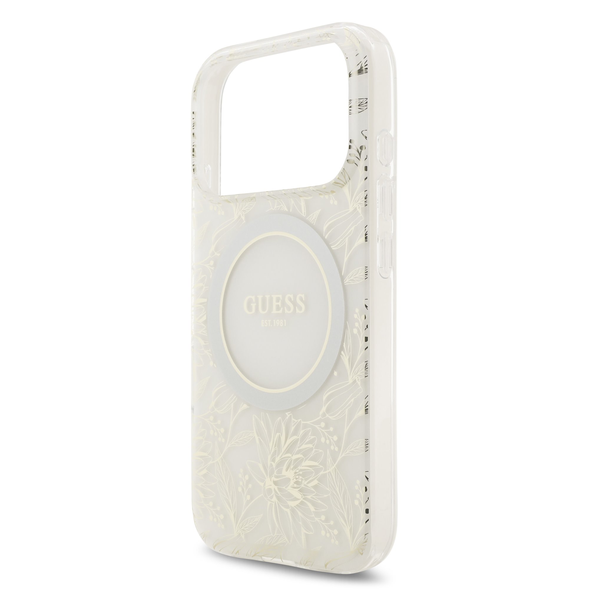 GUESS Калъф за iPhone 17 Pro, IML Flowers Allover MagSafe + Wrist Strap, бял – GUHMP17LHCPOFPH