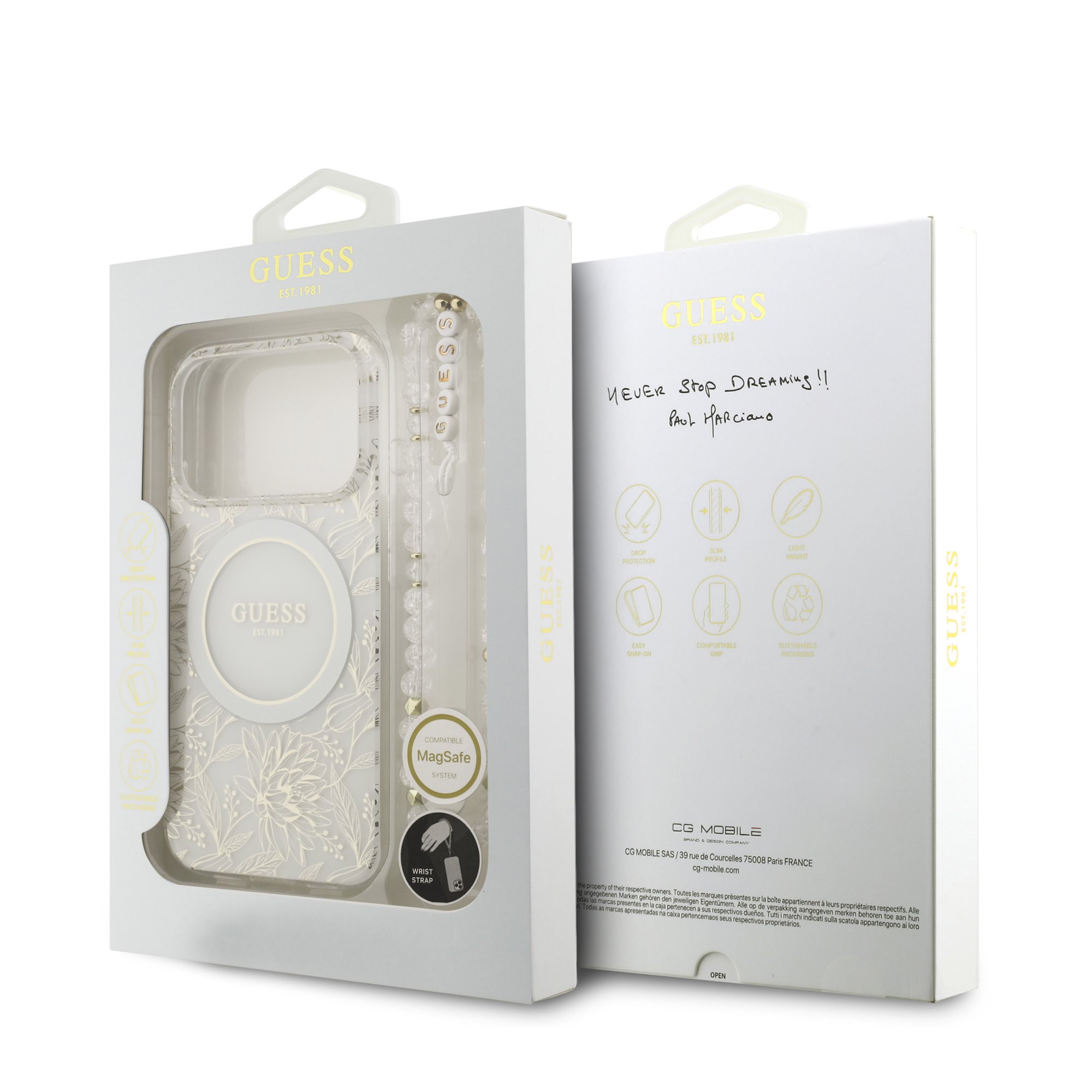 GUESS Калъф за iPhone 17 Pro, IML Flowers Allover MagSafe + Wrist Strap, бял – GUHMP17LHCPOFPH