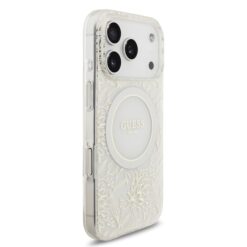 GUESS Калъф за iPhone 17 Pro, IML Flowers Allover MagSafe + Wrist Strap, бял – GUHMP17XHCPOFPH