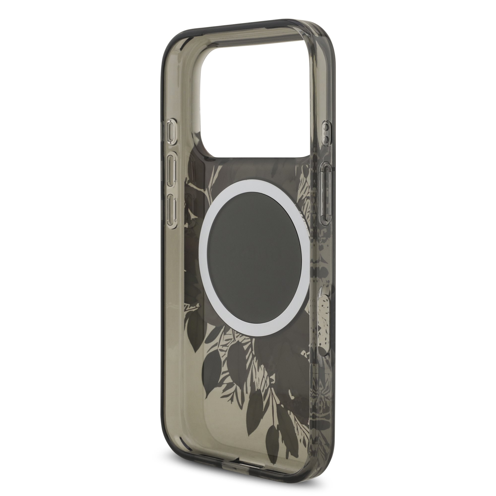 GUESS Калъф за iPhone 17 Pro, IML Flowers Allover MagSafe + Wrist Strap, черен – GUHMP17LHFWBRCESK