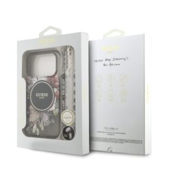 GUESS Калъф за iPhone 17 Pro, IML Flowers Allover MagSafe + Wrist Strap, черен – GUHMP17LHFWBRCESK