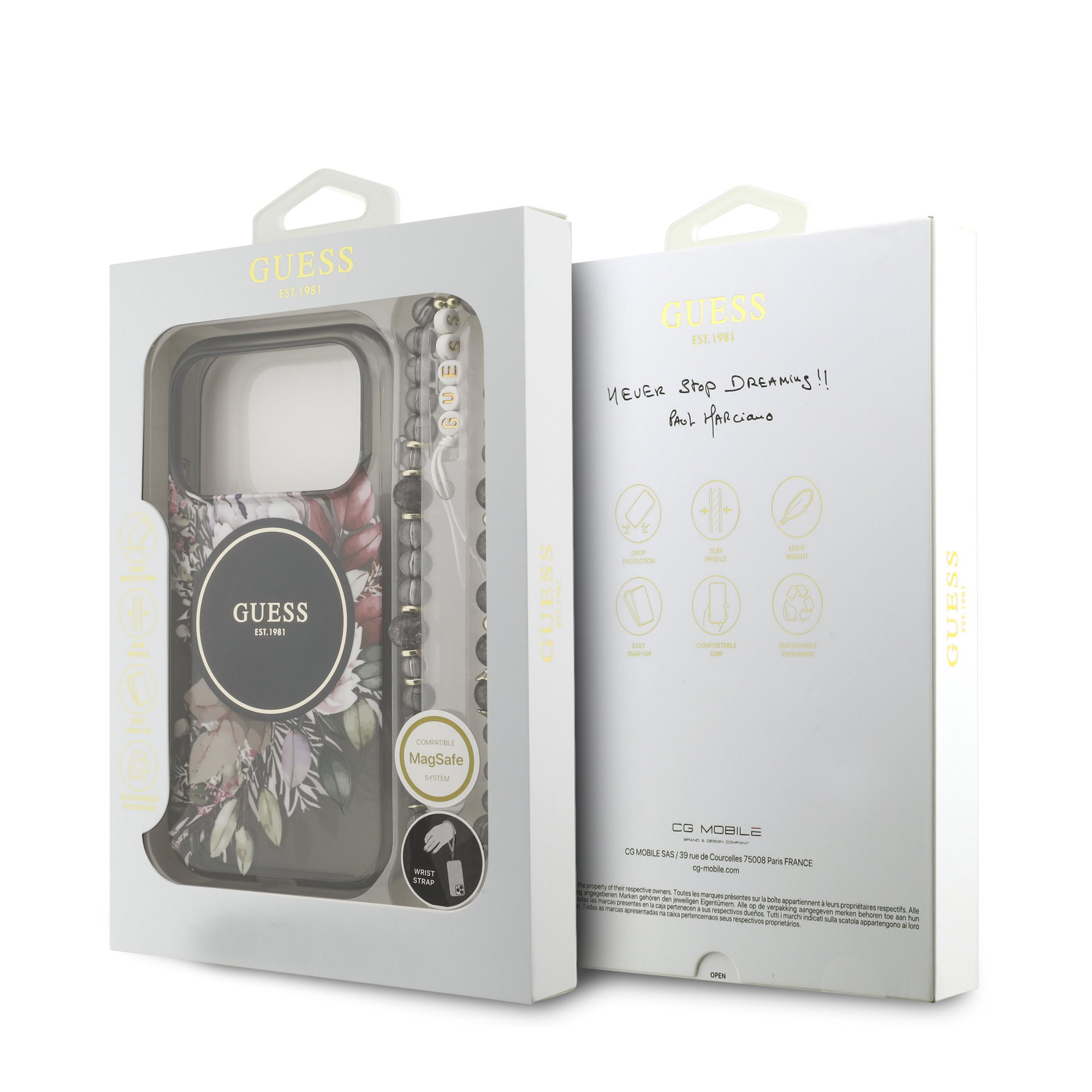 GUESS Калъф за iPhone 17 Pro, IML Flowers Allover MagSafe + Wrist Strap, черен – GUHMP17LHFWBRCESK