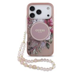 GUESS Калъф за iPhone 17 Pro, IML Flowers Allover MagSafe + Wrist Strap, розов – GUHMP17LHFWBRCESP