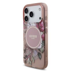 GUESS Калъф за iPhone 17 Pro, IML Flowers Allover MagSafe + Wrist Strap, розов – GUHMP17LHFWBRCESP
