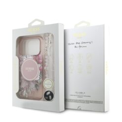 GUESS Калъф за iPhone 17 Pro, IML Flowers Allover MagSafe + Wrist Strap, розов – GUHMP17LHFWBRCESP