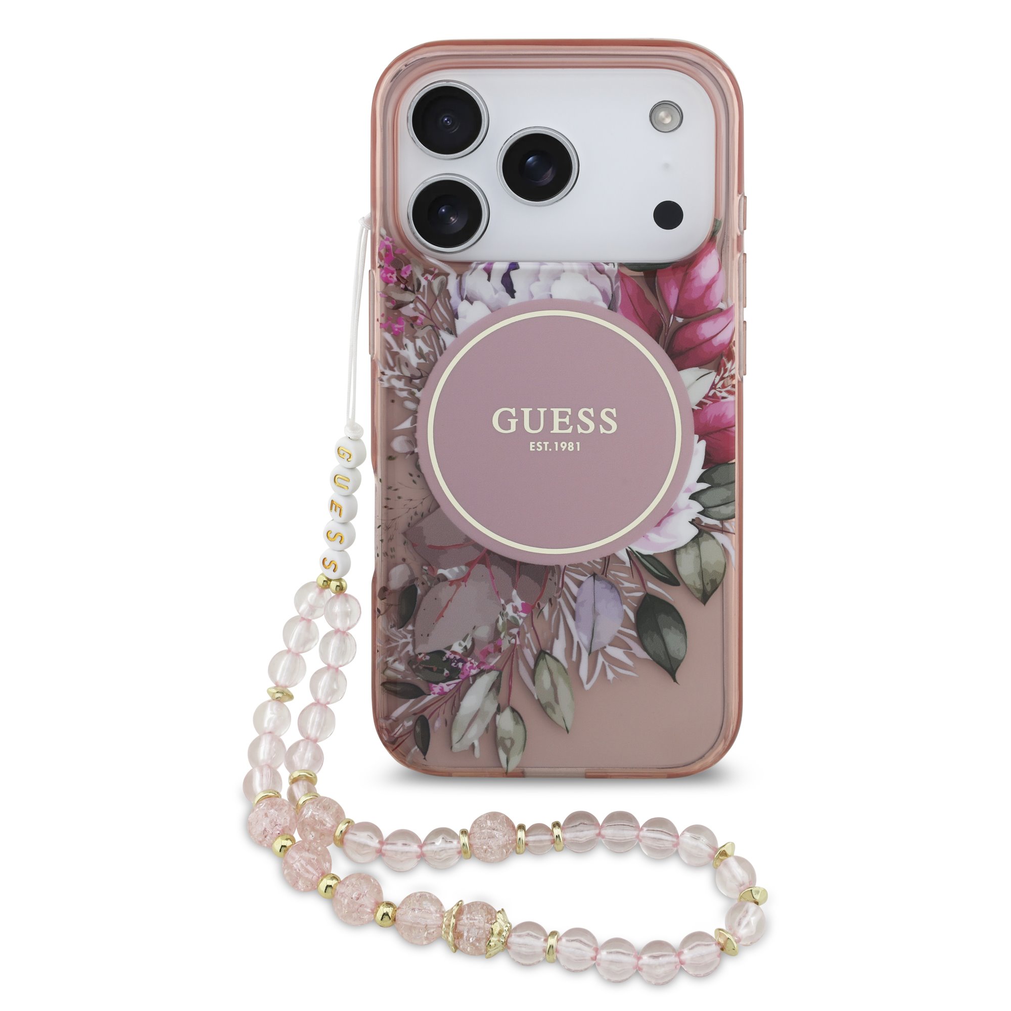 GUESS Калъф за iPhone 17 Pro Max, IML Flowers Allover + Wrist Strap, розов – GUHMP17XHFWBRCESP