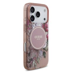 GUESS Калъф за iPhone 17 Pro Max, IML Flowers Allover + Wrist Strap, розов – GUHMP17XHFWBRCESP