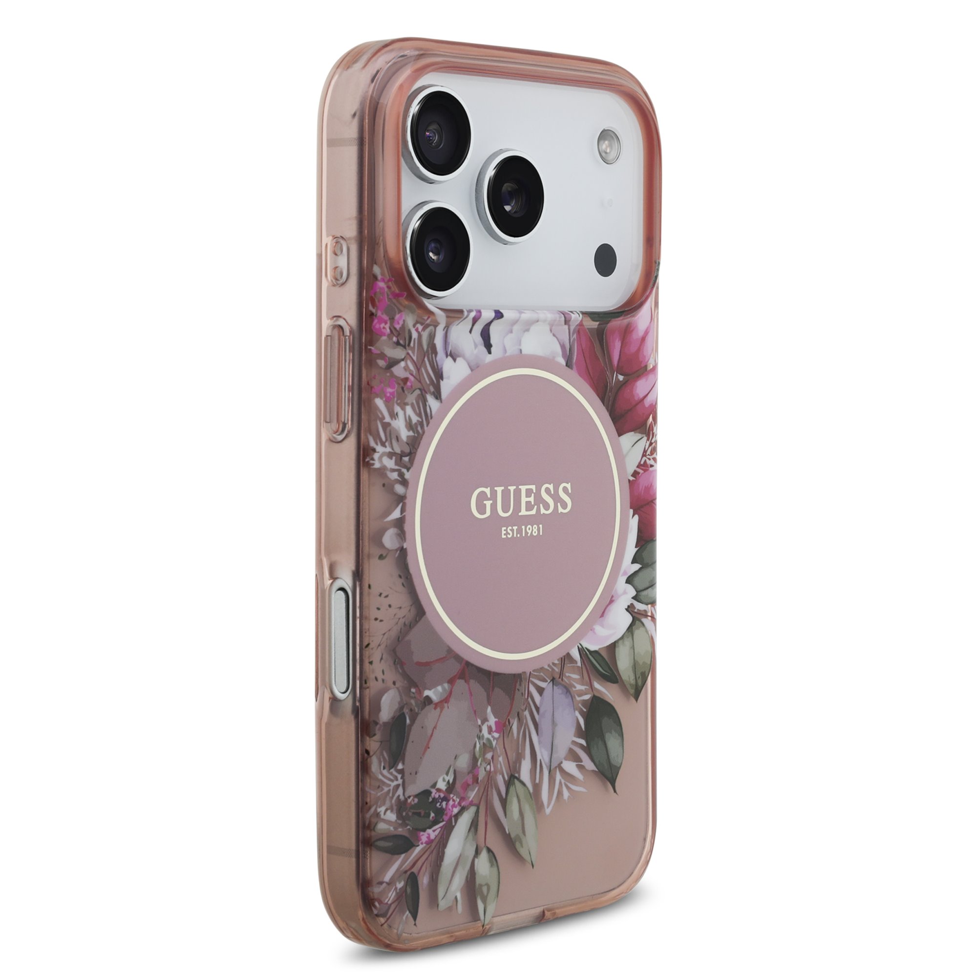GUESS Калъф за iPhone 17 Pro Max, IML Flowers Allover + Wrist Strap, розов – GUHMP17XHFWBRCESP
