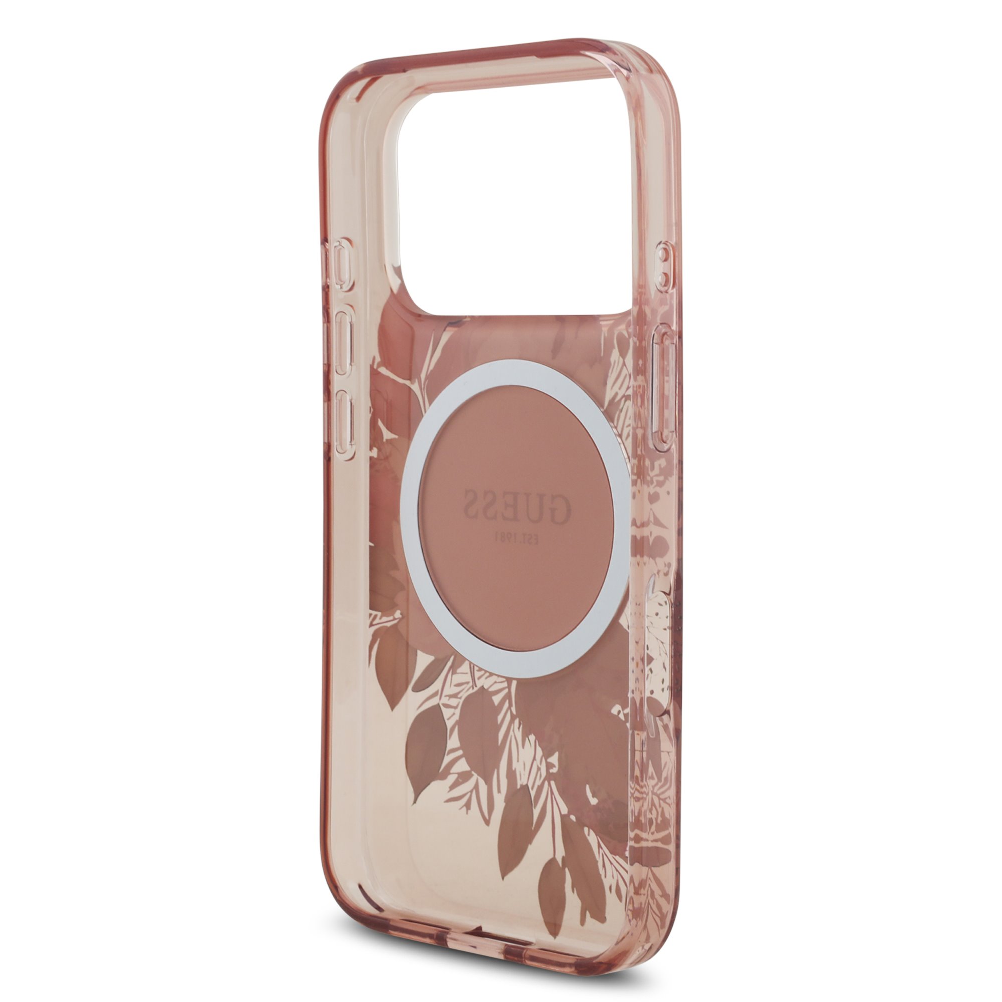 GUESS Калъф за iPhone 17 Pro Max, IML Flowers Allover + Wrist Strap, розов – GUHMP17XHFWBRCESP