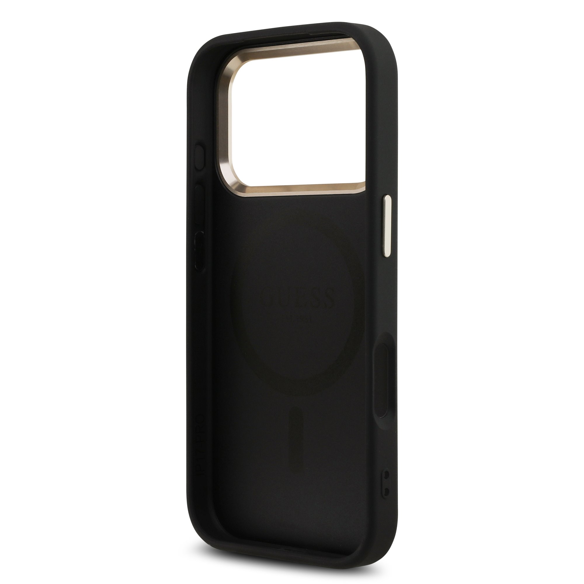 GUESS Калъф за iPhone 17 Pro Max, PU 4G Strass Triangle Logo Gold Frame MagSafe ,черен – GUHMP17XP4GTDGMK