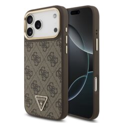 GUESS Калъф за iPhone 17 Pro Max, 4G Strass Triangle Logo Gold Frame MagSafe ,кафяв – GUHMP17XP4GTDGMW
