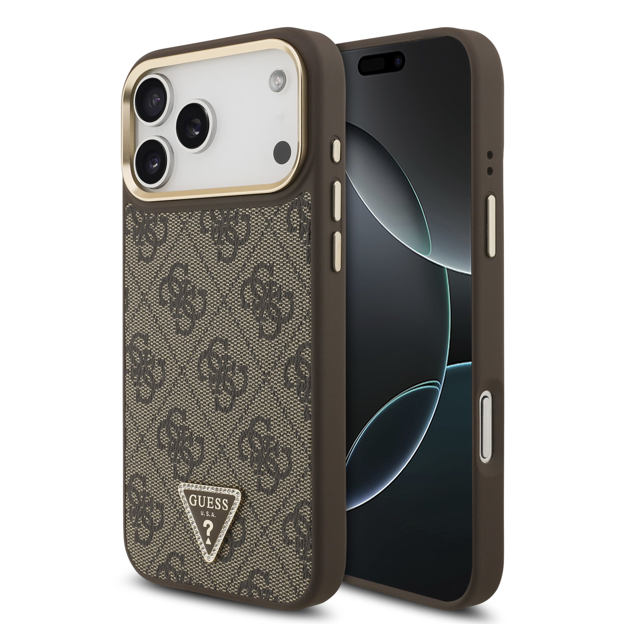 GUESS Калъф за iPhone 17 Pro Max, 4G Strass Triangle Logo Gold Frame MagSafe ,кафяв – GUHMP17XP4GTDGMW