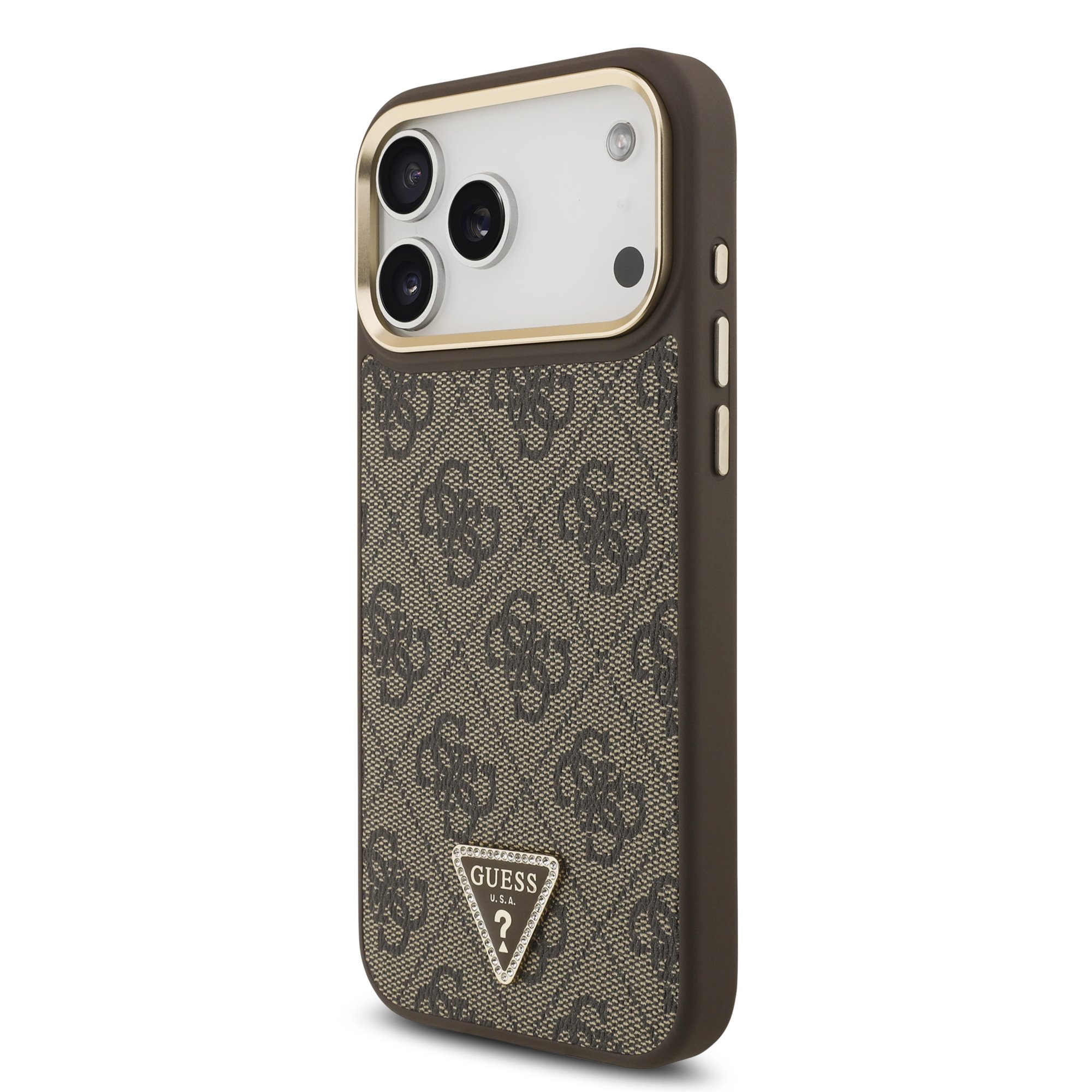 GUESS Калъф за iPhone 17 Pro Max, 4G Strass Triangle Logo Gold Frame MagSafe ,кафяв – GUHMP17XP4GTDGMW