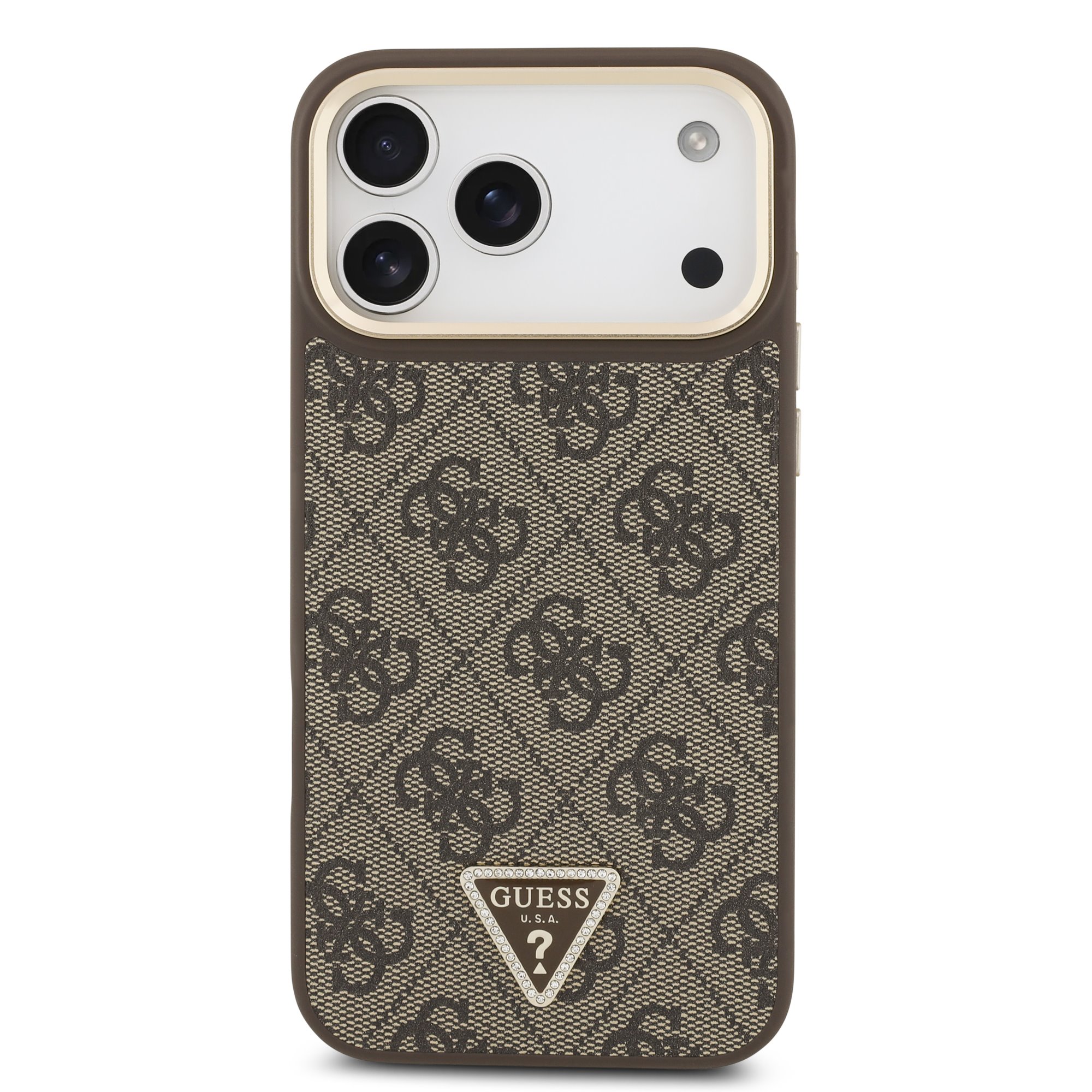 GUESS Калъф за iPhone 17 Pro Max, 4G Strass Triangle Logo Gold Frame MagSafe ,кафяв – GUHMP17XP4GTDGMW
