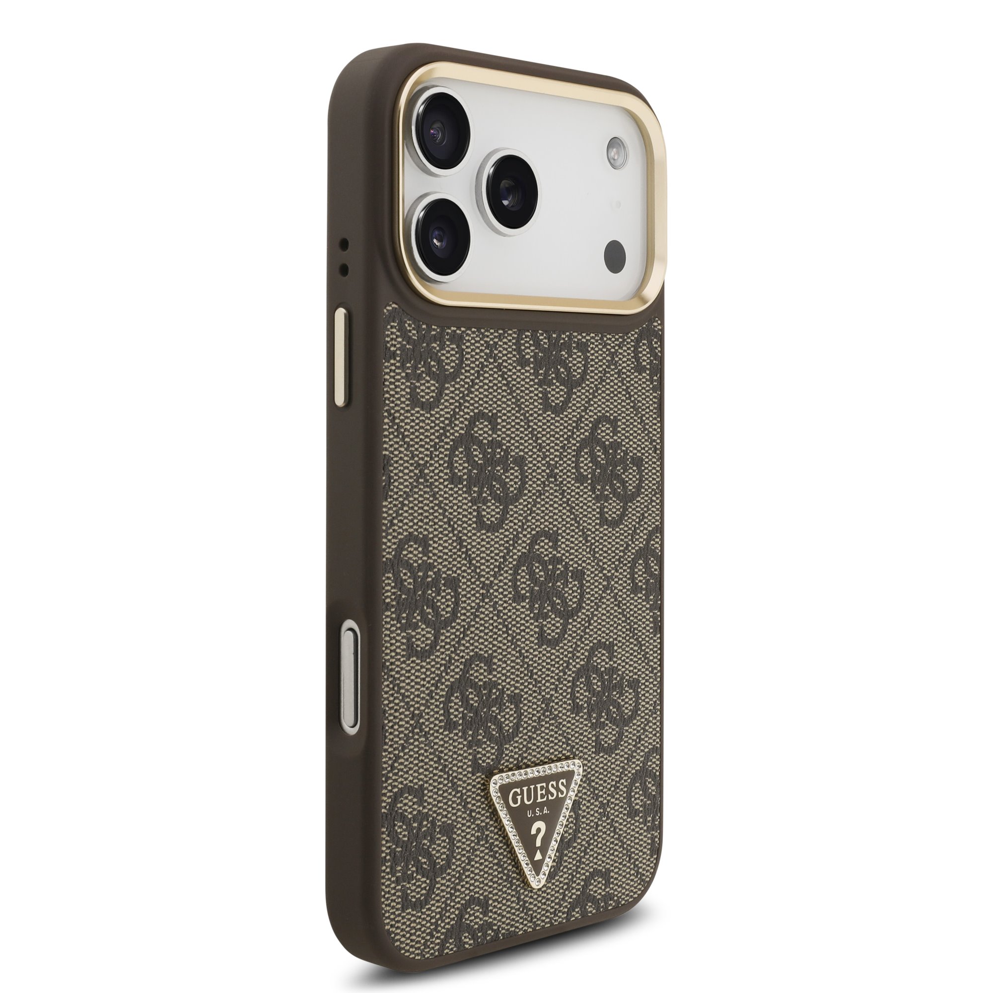 GUESS Калъф за iPhone 17 Pro Max, 4G Strass Triangle Logo Gold Frame MagSafe ,кафяв – GUHMP17XP4GTDGMW