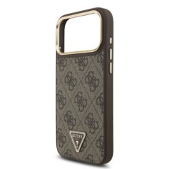 GUESS Калъф за iPhone 17 Pro Max, 4G Strass Triangle Logo Gold Frame MagSafe ,кафяв – GUHMP17XP4GTDGMW