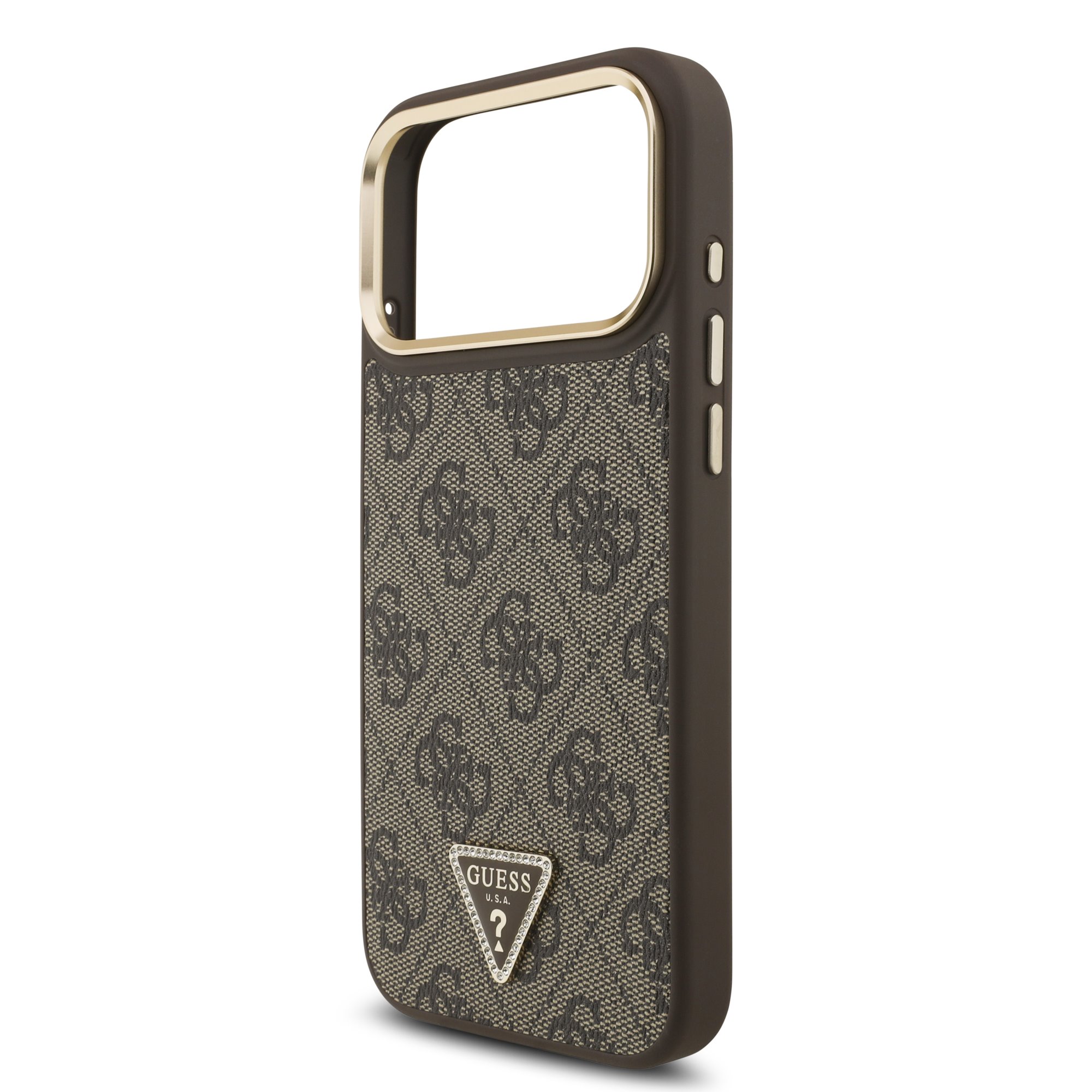GUESS Калъф за iPhone 17 Pro Max, 4G Strass Triangle Logo Gold Frame MagSafe ,кафяв – GUHMP17XP4GTDGMW