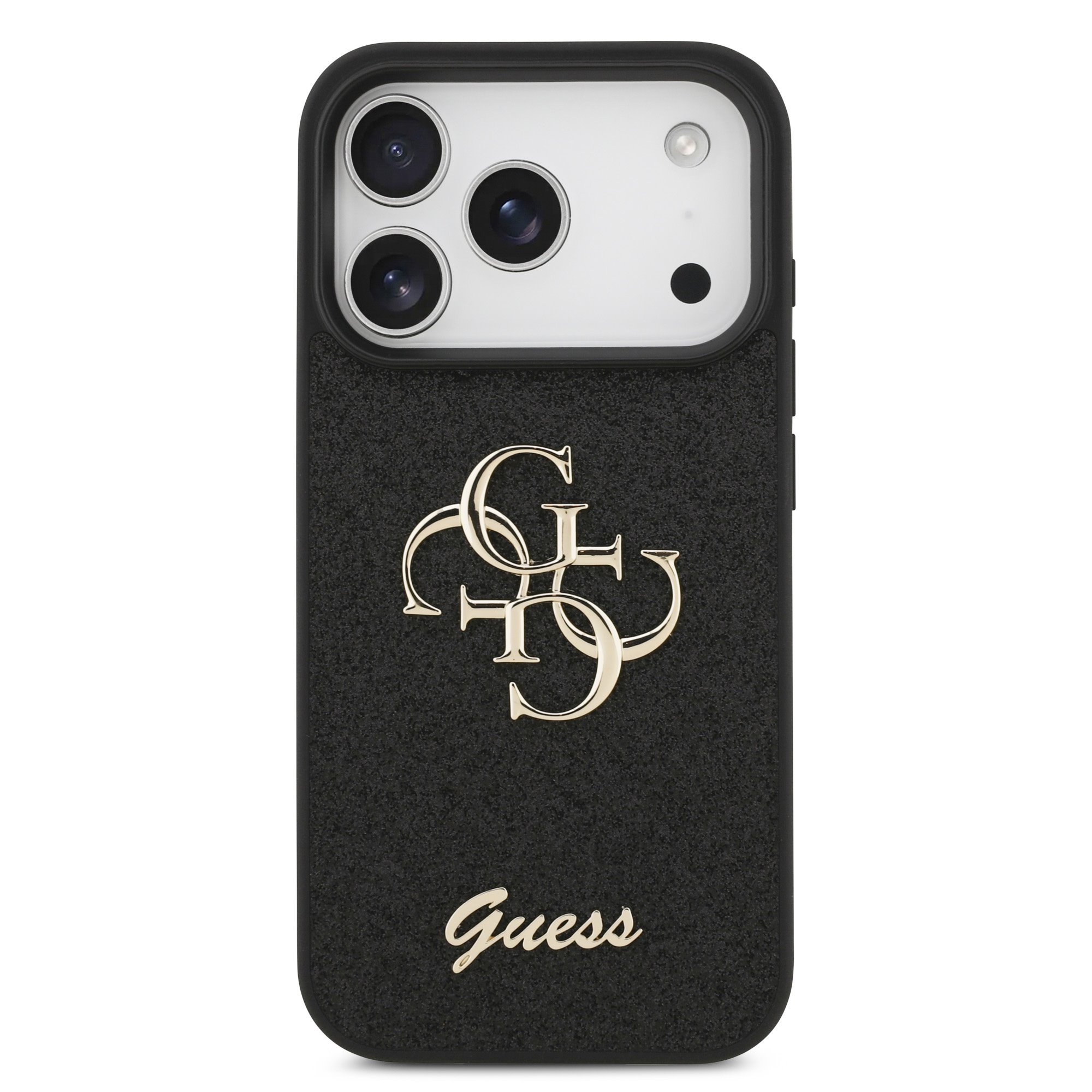 GUESS Калъф Apple iPhone 17 Pro Max, PU Fixed Glitter 4G Metal Logo, черен – GUHCP17XHG4SGK