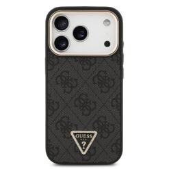 GUESS Калъф за iPhone 17 Pro, PU 4G Strass Triangle Logo Gold Frame MagSafe ,черен – GUHMP17LP4GTDGMK