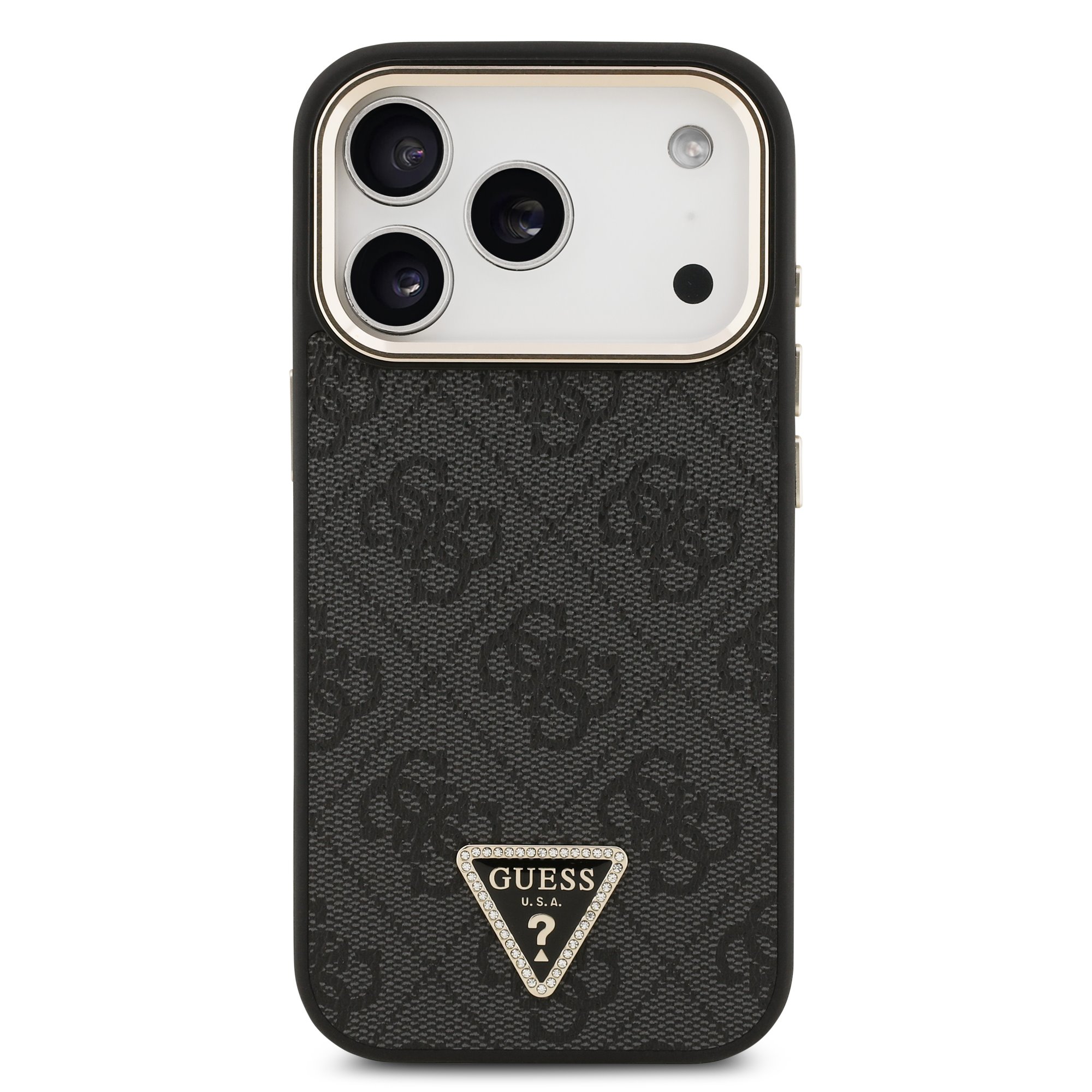 GUESS Калъф за iPhone 17 Pro, PU 4G Strass Triangle Logo Gold Frame MagSafe ,черен – GUHMP17LP4GTDGMK
