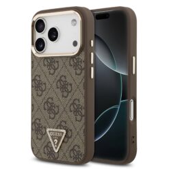 GUESS Калъф за iPhone 17 Pro, PU 4G Strass Triangle Logo Gold Frame MagSafe ,кафяв – GUHMP17LP4GTDGMW