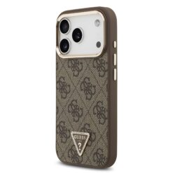 GUESS Калъф за iPhone 17 Pro, PU 4G Strass Triangle Logo Gold Frame MagSafe ,кафяв – GUHMP17LP4GTDGMW