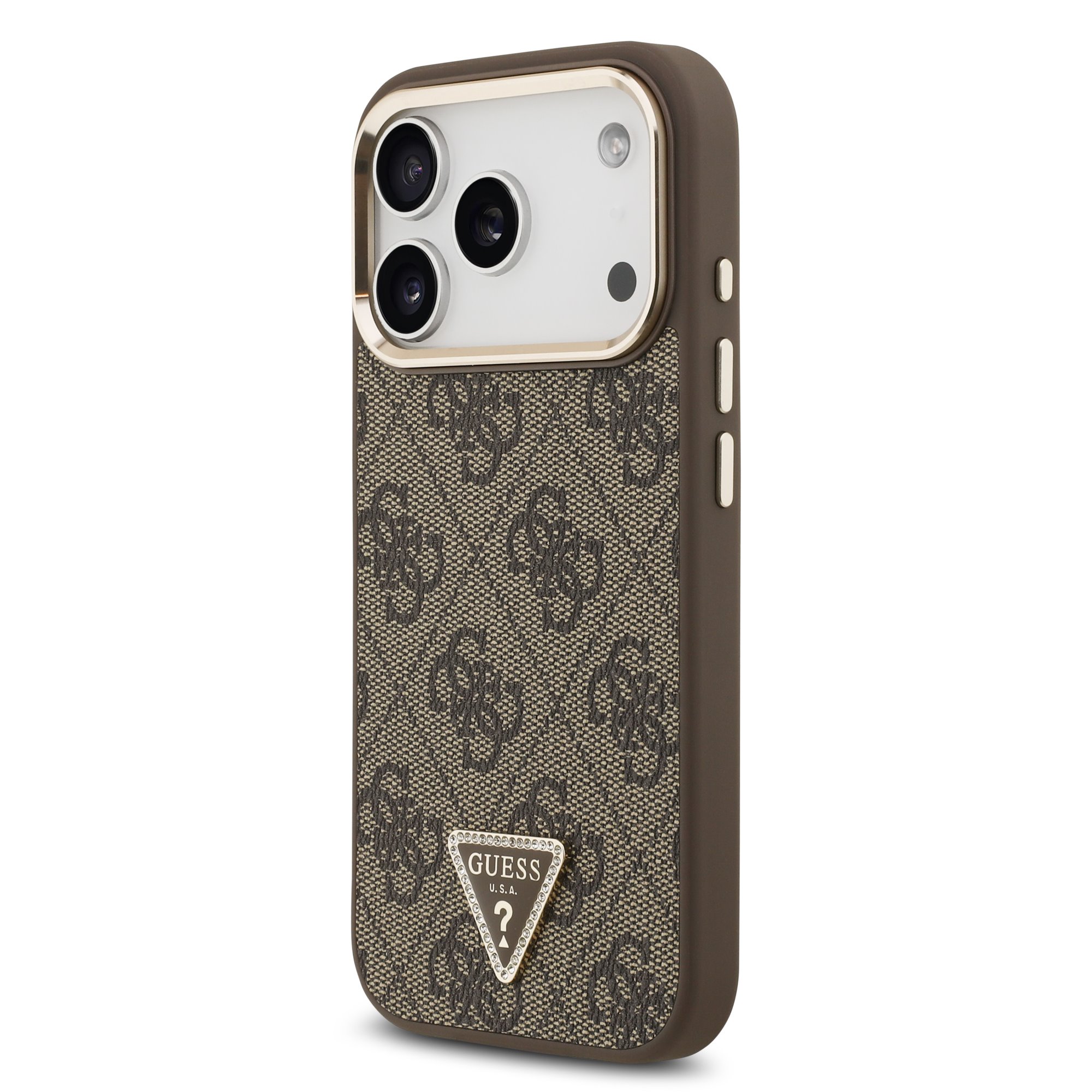 GUESS Калъф за iPhone 17 Pro, PU 4G Strass Triangle Logo Gold Frame MagSafe ,кафяв – GUHMP17LP4GTDGMW