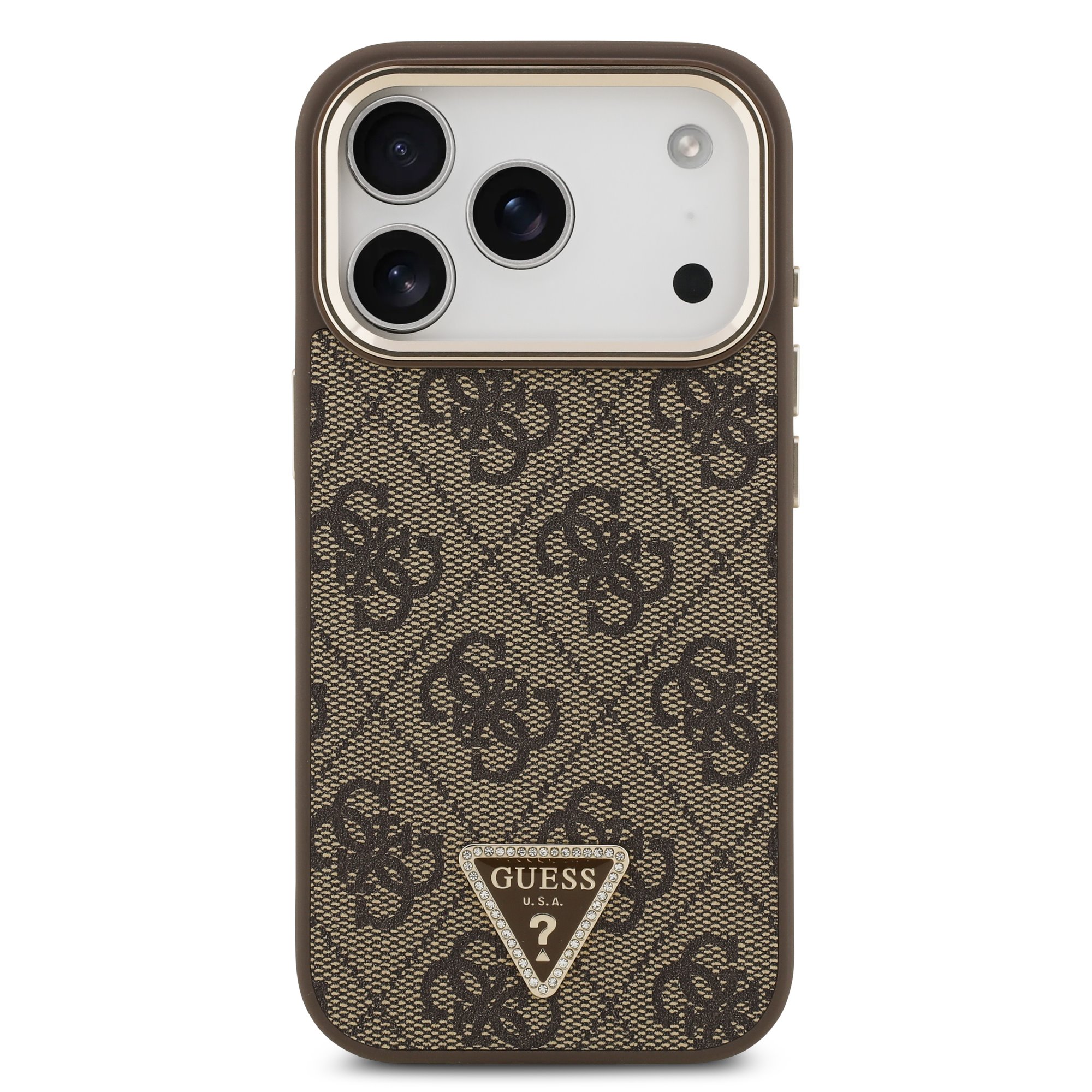 GUESS Калъф за iPhone 17 Pro, PU 4G Strass Triangle Logo Gold Frame MagSafe ,кафяв – GUHMP17LP4GTDGMW