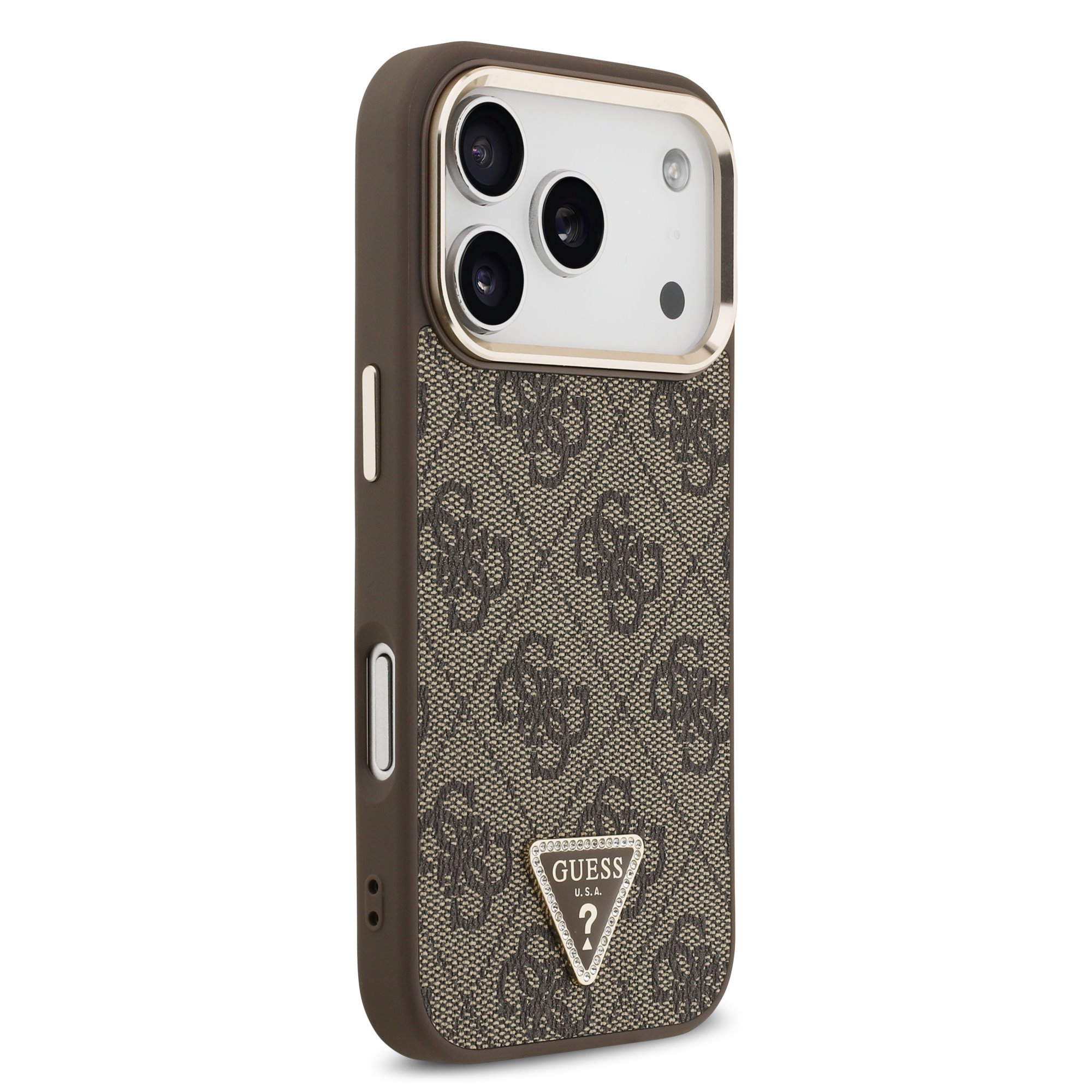GUESS Калъф за iPhone 17 Pro, PU 4G Strass Triangle Logo Gold Frame MagSafe ,кафяв – GUHMP17LP4GTDGMW