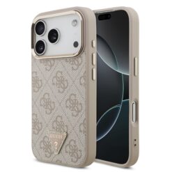 GUESS Калъф за iPhone 17 Pro, PU 4G Strass Triangle Logo Gold Frame MagSafe ,розов – GUHMP17LP4GTDGMP