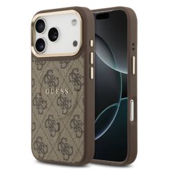GUESS Калъф за iPhone 17 Pro, PU Leather 4G Gold Frame MagSafe, кафяв – GUHMP17LP4MSEGCW