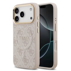 GUESS Калъф за iPhone 17 Pro, PU Leather 4G Gold Frame MagSafe, розов
