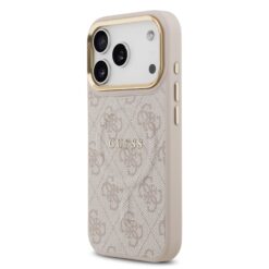 GUESS Калъф за iPhone 17 Pro, PU Leather 4G Gold Frame MagSafe, розов