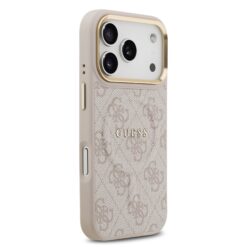 GUESS Калъф за iPhone 17 Pro, PU Leather 4G Gold Frame MagSafe, розов