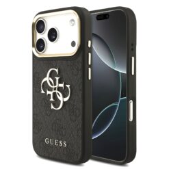 GUESS Калъф за iPhone 17 Pro, PU Leather 4G Metal Logo Gold Frame, черен – GUHCP17L4GMGCGR