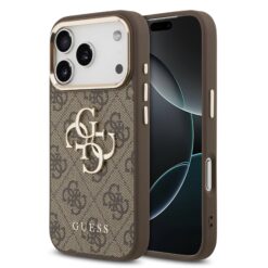 GUESS Калъф за iPhone 17 Pro, PU Leather 4G Metal Logo Gold Frame, кафяв – GUHCP17L4GMGCBR