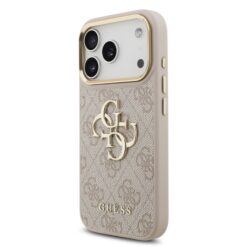GUESS Калъф за iPhone 17 Pro, PU Leather 4G Metal Logo Gold Frame, розов – GUHCP17L4GMGCPI