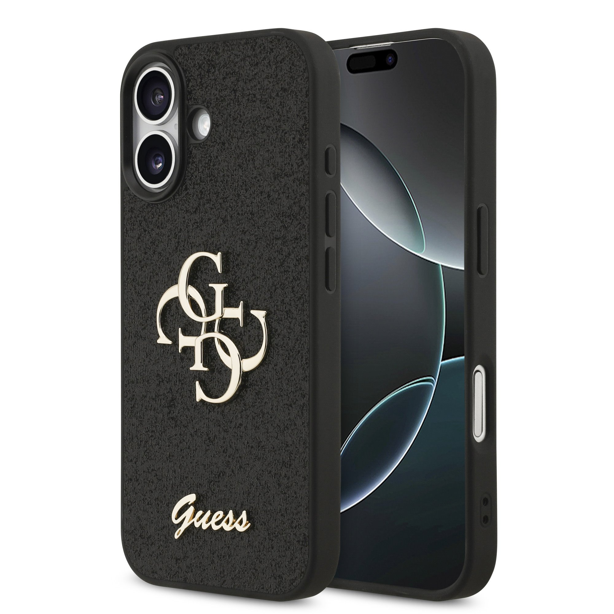 GUESS Калъф за iPhone 17, Fixed Glitter 4G Metal Logo, черен – GUHCP17SHG4SGK