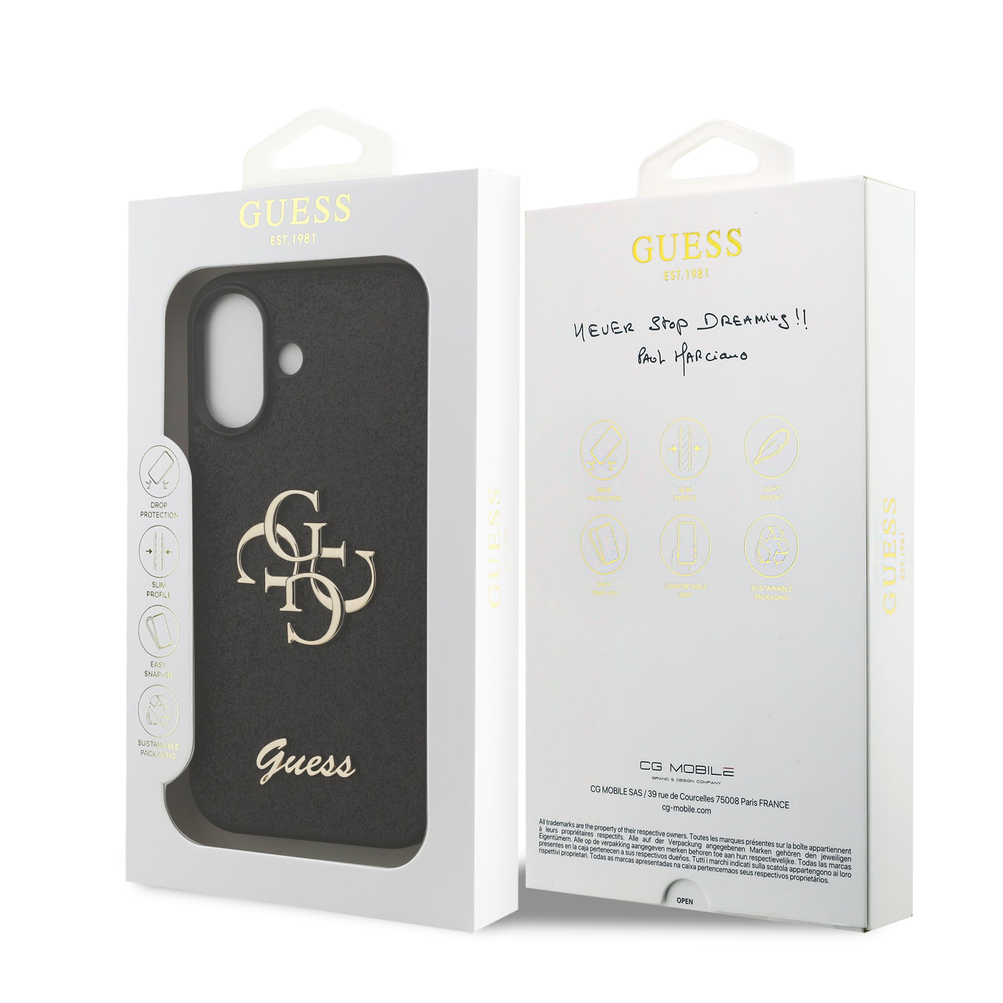 GUESS Калъф за iPhone 17, Fixed Glitter 4G Metal Logo, черен – GUHCP17SHG4SGK